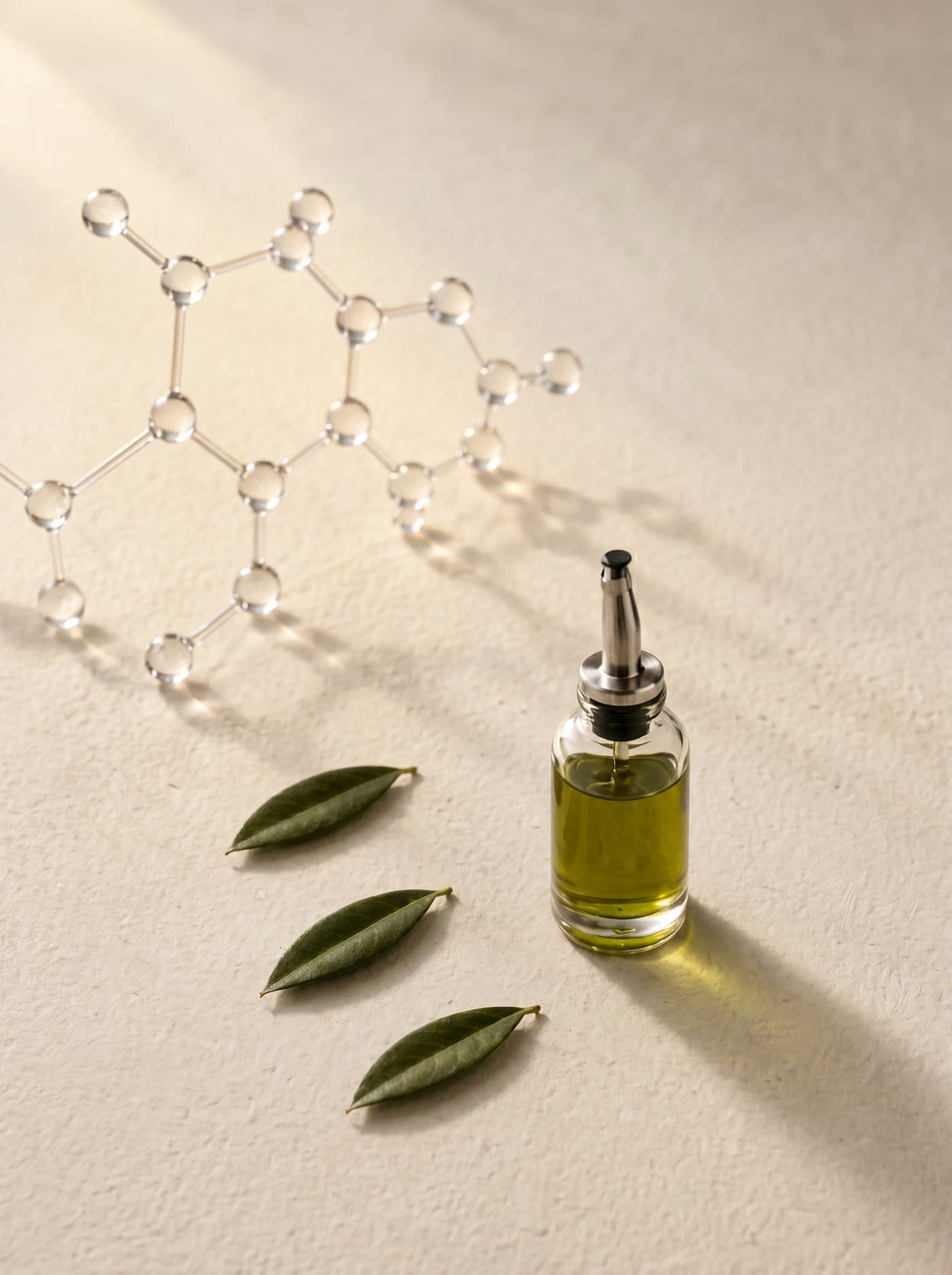 Olive leaf oil with molecular structure and fresh leaves